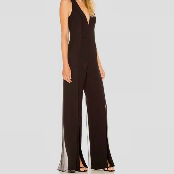 NWT Halston Heritage Black V-Neck Cutout Chiffon Panel Jumpsuit Size 6 So Sexy! - Picture 6 of 11